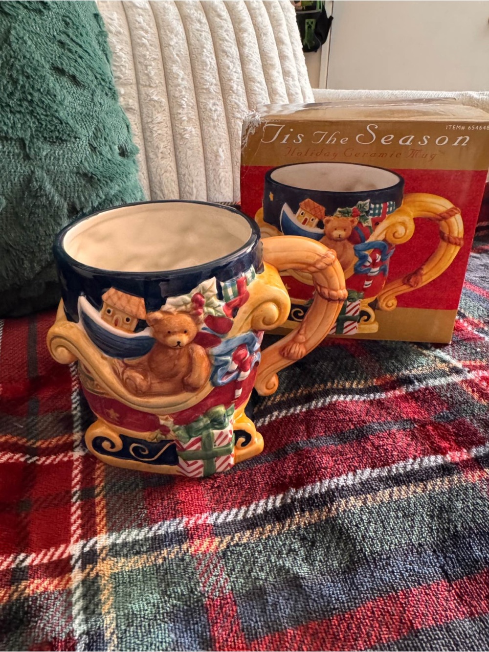 Certified International Holiday Teddy & Gifts Ceramic Mug in Navy, Red & Gold